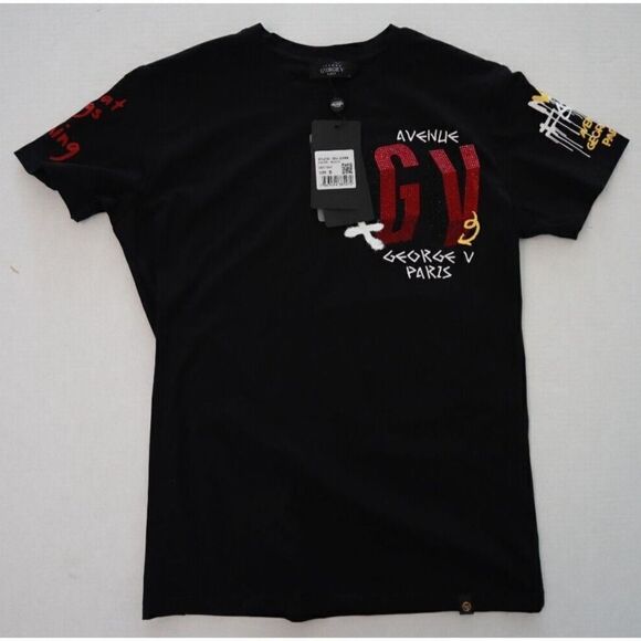 Avenue George V Paris GV2399 Men Sz S Black No Fear Rhinestone Logo T-Shirt $100 - Picture 1 of 10
